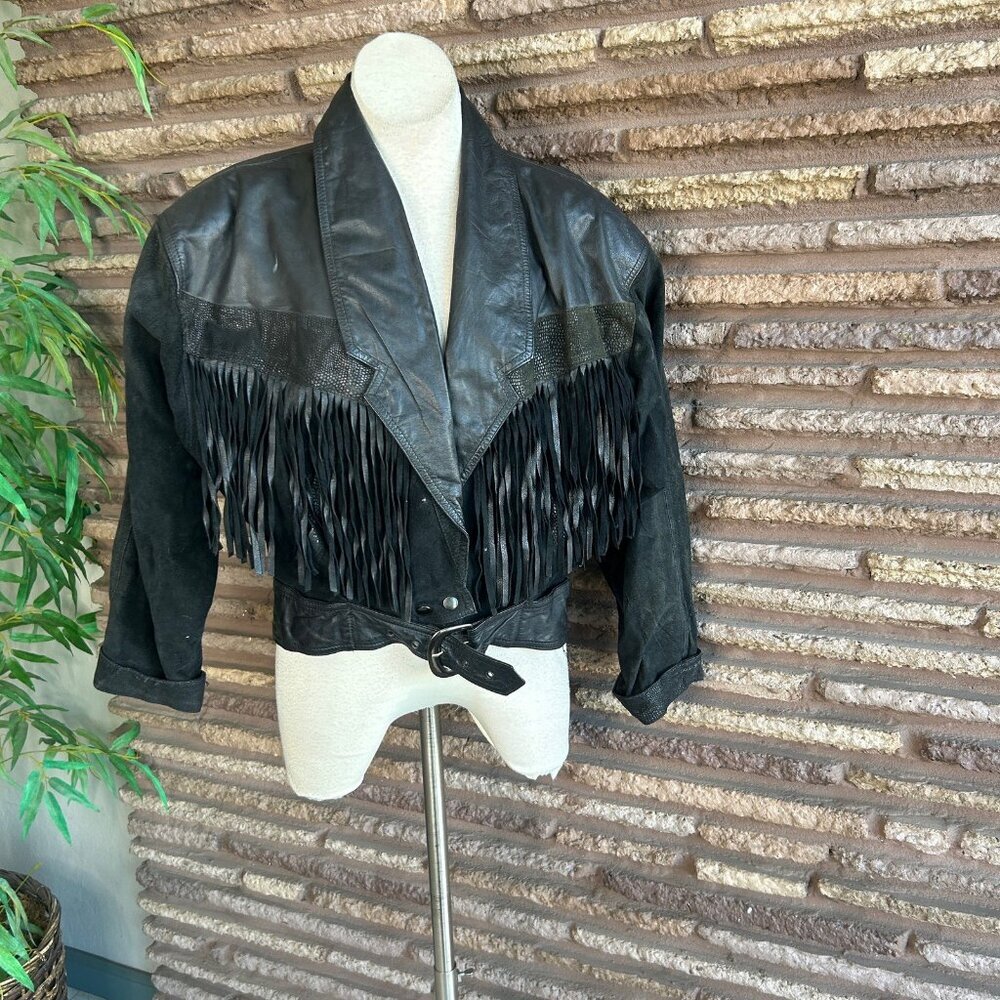 Winlit Vintage 80s Western Cowgirl Jacket Black Leather With Fringe - Picture 13 of 13